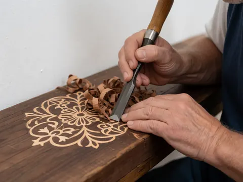 Close-up view of intricate colonial-style wood carving on dark polished furniture, highlighting detailed craftsmanship and floral design elements.