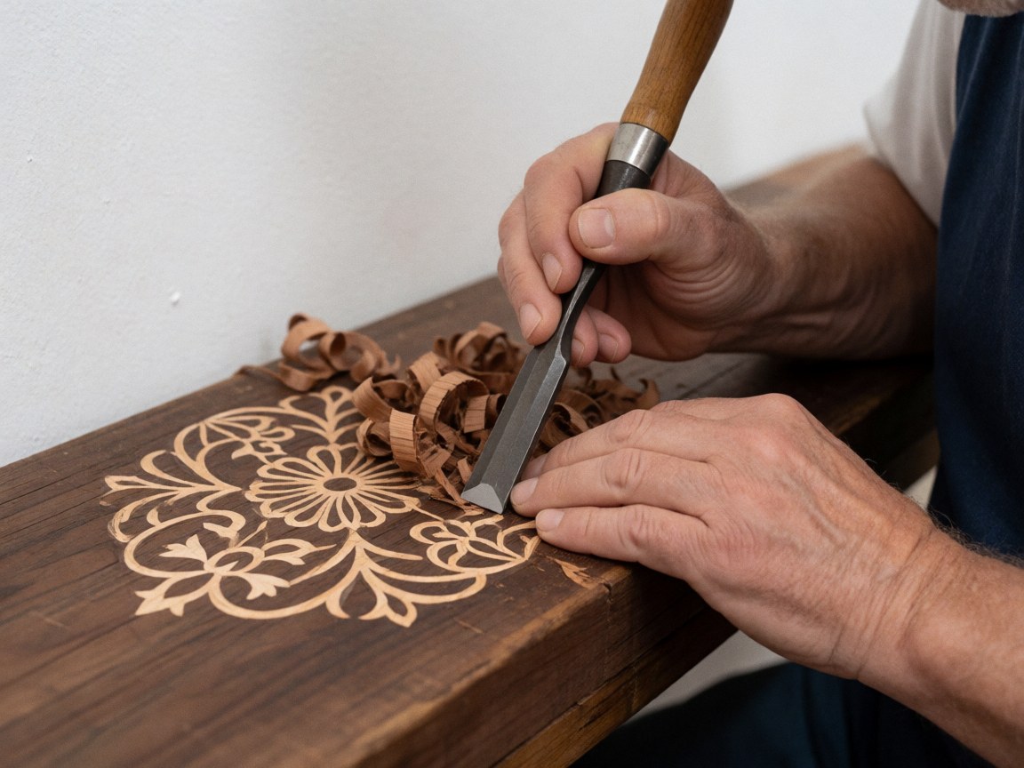 Close-up view of intricate colonial-style wood carving on dark polished furniture, highlighting detailed craftsmanship and floral design elements.