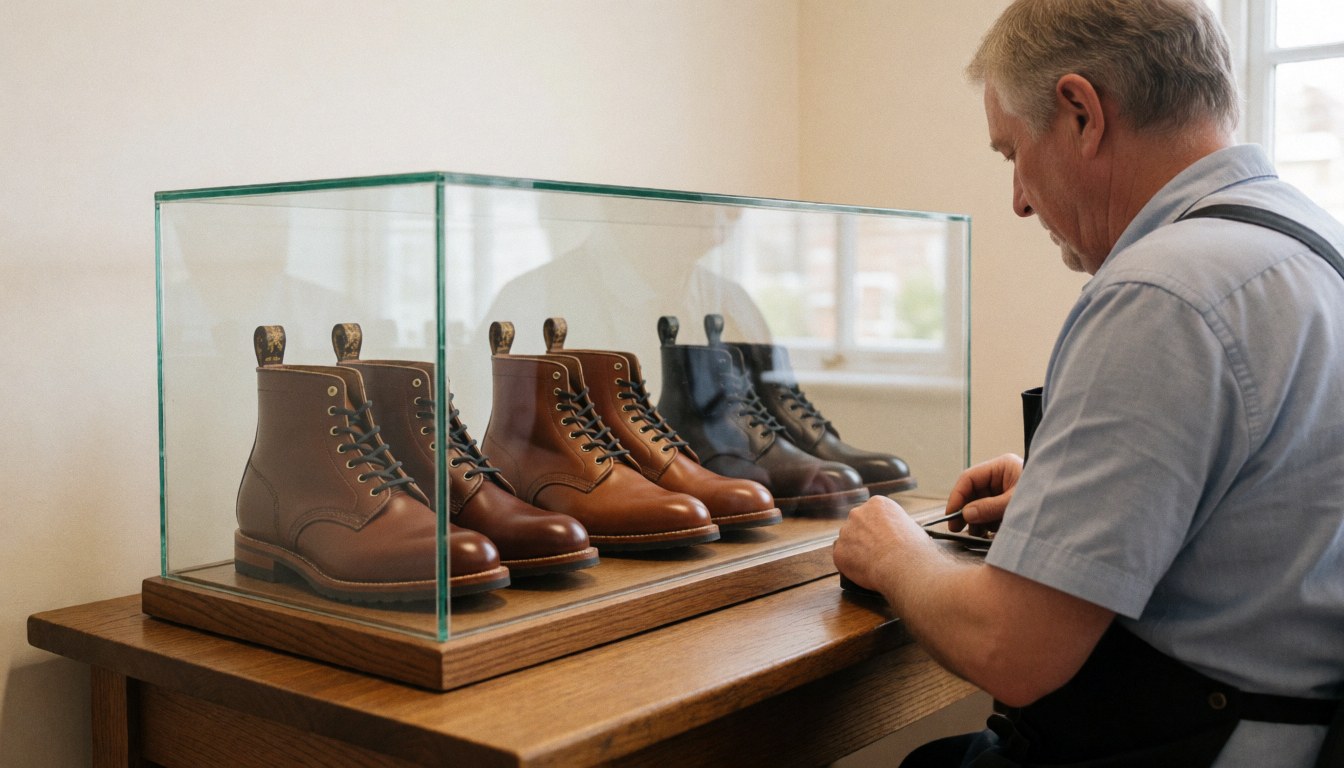 Expert shoemaker restoring leather boots in a glass display case within a warm workshop setting, showcasing professional craftsmanship and tools.