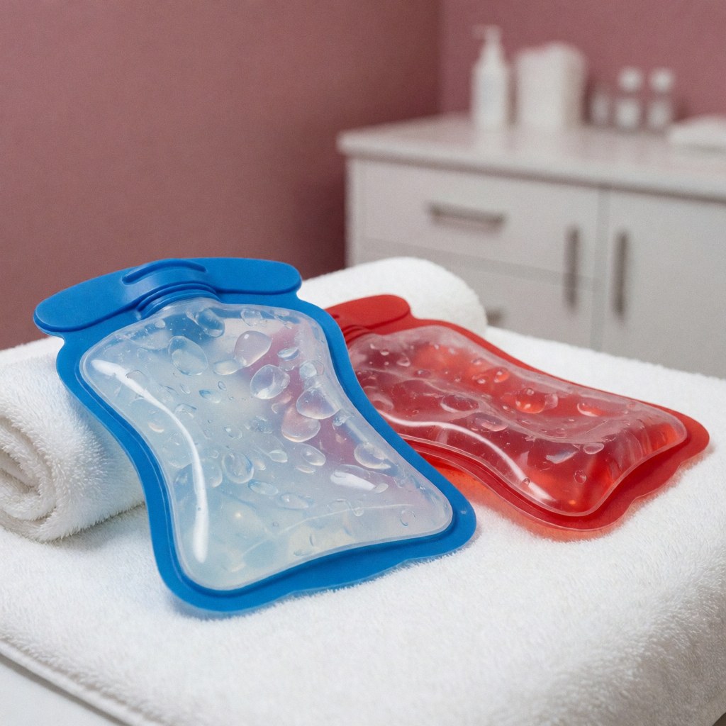 Two reusable gel packs, one blue cold and one red hot, resting on a white towel in a clinical setting for pain relief