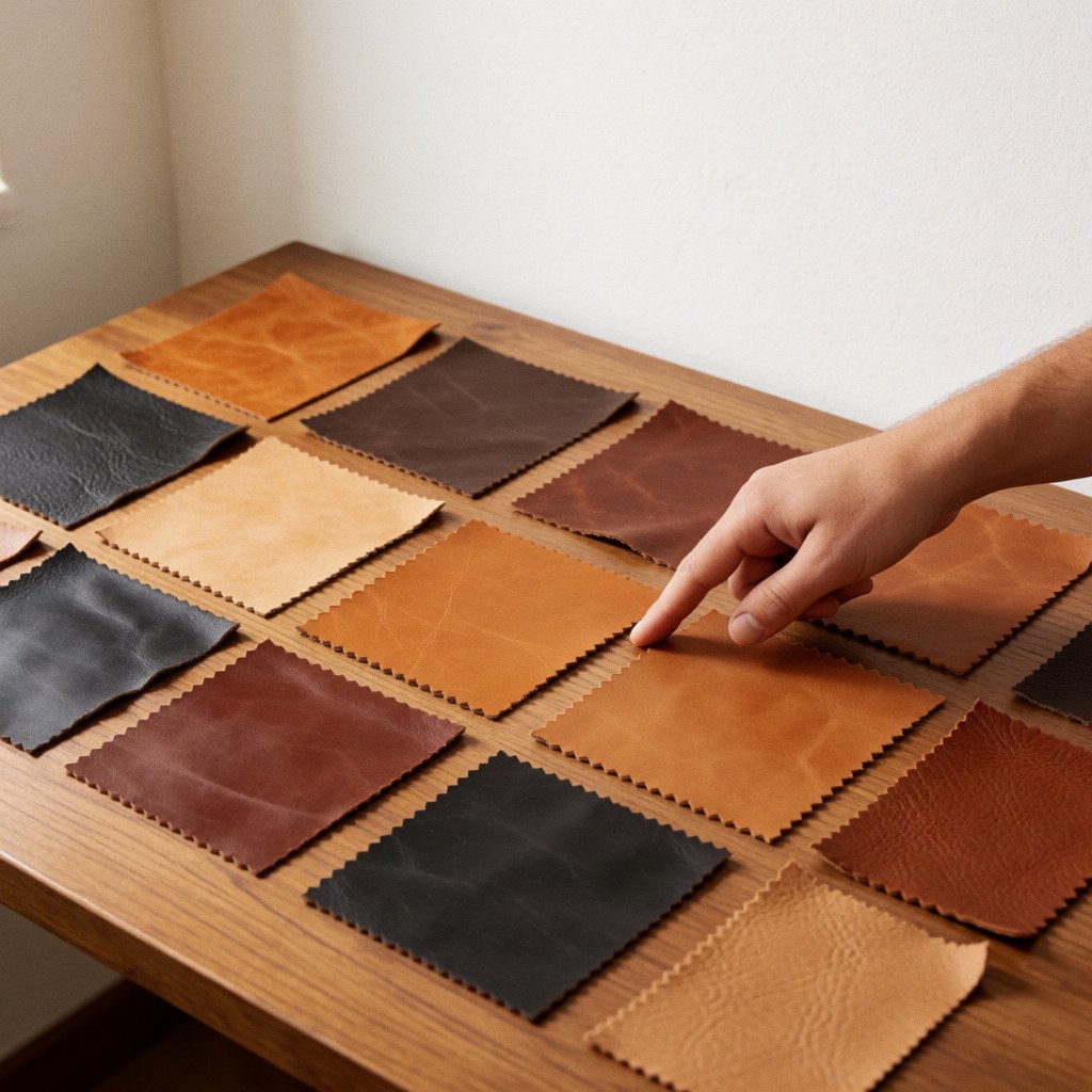 Hand pointing to a brown leather swatch on a wooden table, showcasing texture and color options for leather design and craftsmanship.