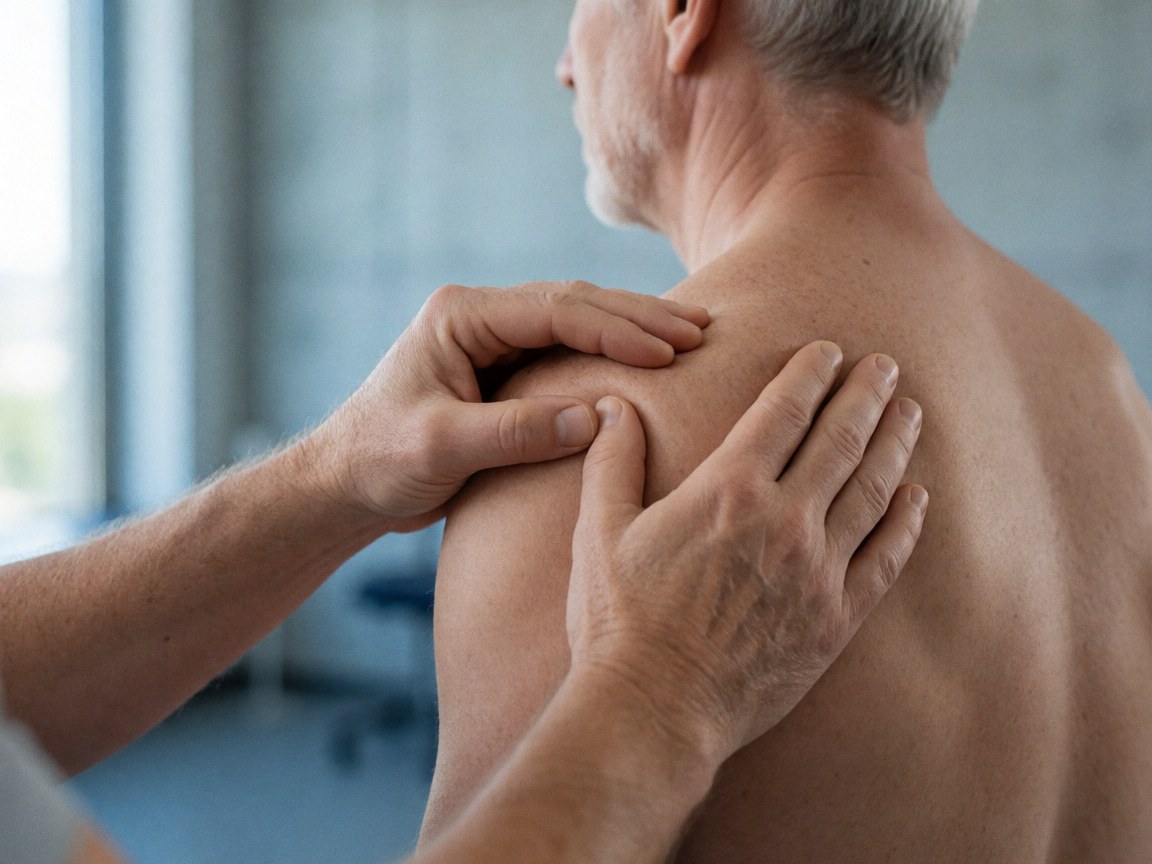 Close-up of an osteopath's hands applying myofascial release techniques to a patient's shoulder and upper back during a therapeutic session