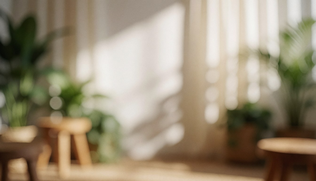 A soft, out-of-focus background featuring green plants, wooden elements, and natural light, creating a calm and serene atmosphere suitable for wellness and meditation themes.