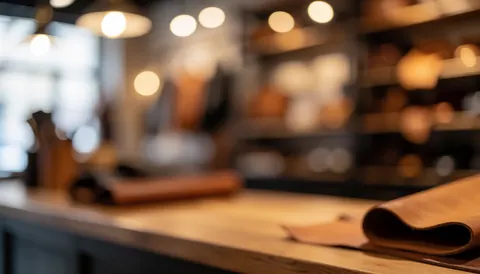 A blurred background of a wooden counter displaying leather goods and tools for a shop