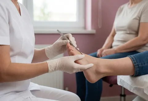 A podiatrist wearing white gloves uses an instrument to examine a patient's foot in a room with pink walls while another person watches in the background.