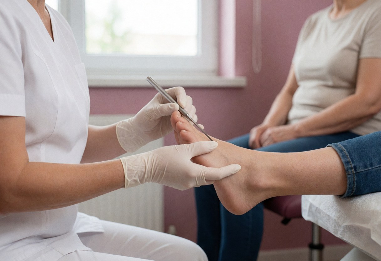 A podiatrist wearing white gloves uses an instrument to examine a patient's foot in a room with pink walls while another person watches in the background.