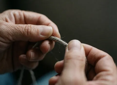 Detailed macro shot of waxed linen fiber texture held by hands, highlighting the rustic material used in shoemaking and manual craftsmanship against a dark background.