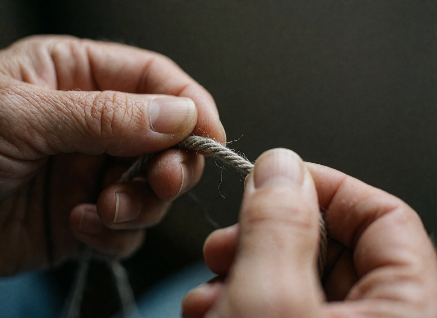 Detailed macro shot of waxed linen fiber texture held by hands, highlighting the rustic material used in shoemaking and manual craftsmanship against a dark background.
