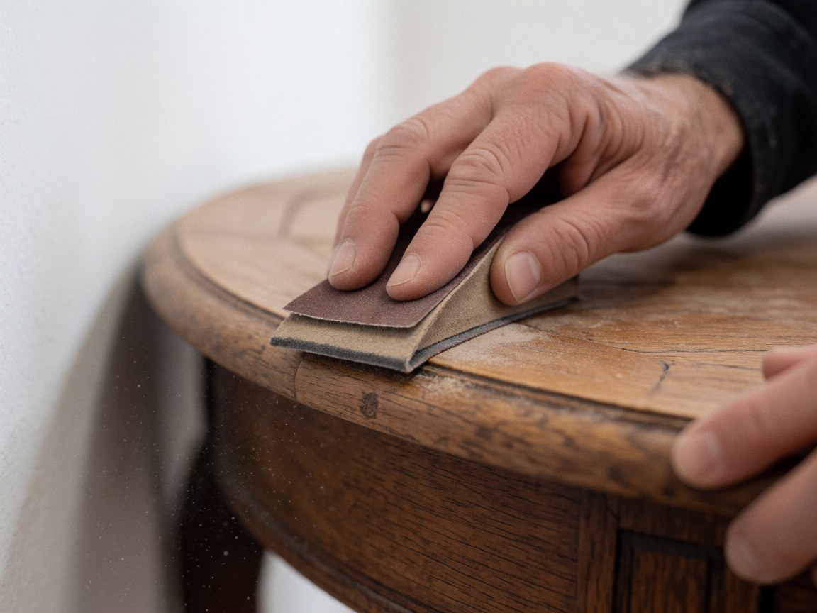 A close-up view of a hand using sandpaper to smooth the surface of a wooden table, highlighting the wood grain and dust against a white background.