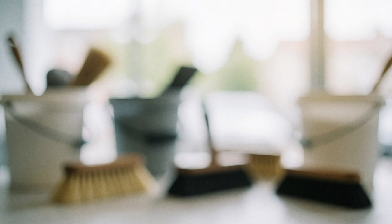 Soft focus background of a cleaning station with brushes and buckets, featuring gentle lighting and a serene atmosphere suitable for professional shoe care text.