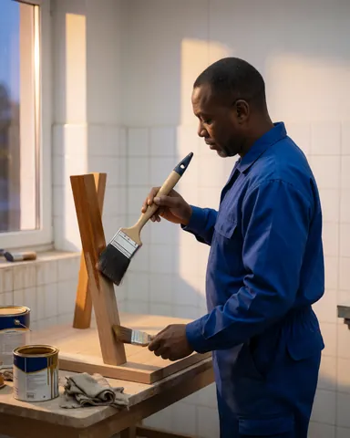 A carpenter in a blue uniform applies wood varnish in a workshop with natural light from a window