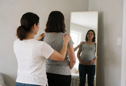 A therapist helps a pregnant woman correct her posture in front of a mirror in a room with gray walls and natural light.