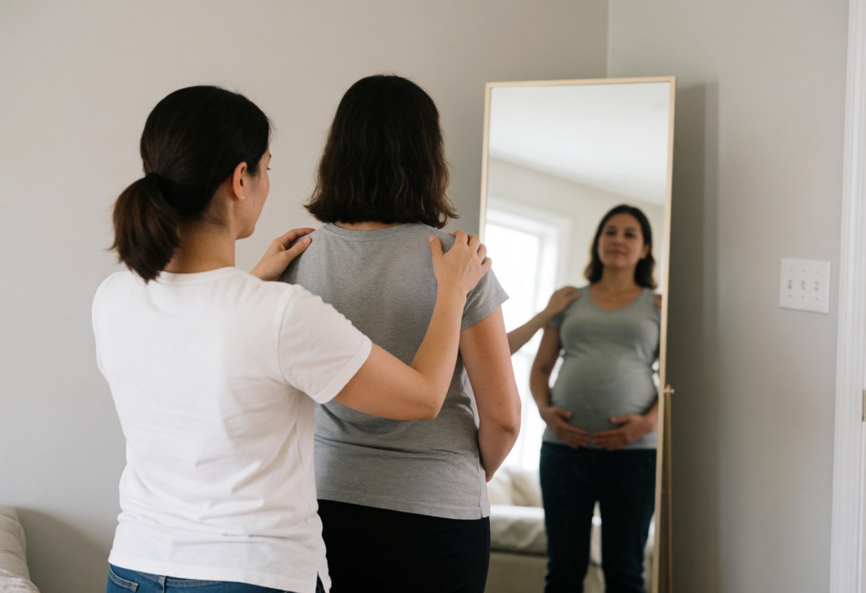 A therapist helps a pregnant woman correct her posture in front of a mirror in a room with gray walls and natural light.