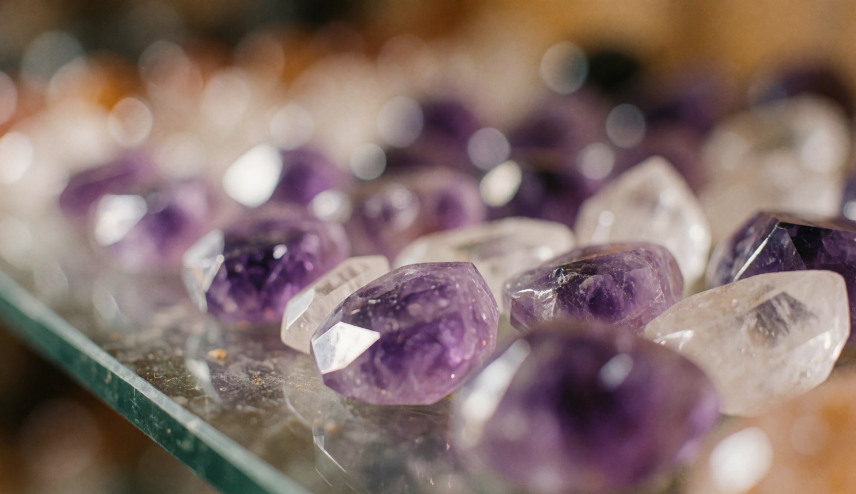 A soft focus background featuring blurred purple amethyst and white quartz crystals with gentle light bokeh effects suitable for wellness and healing themes
