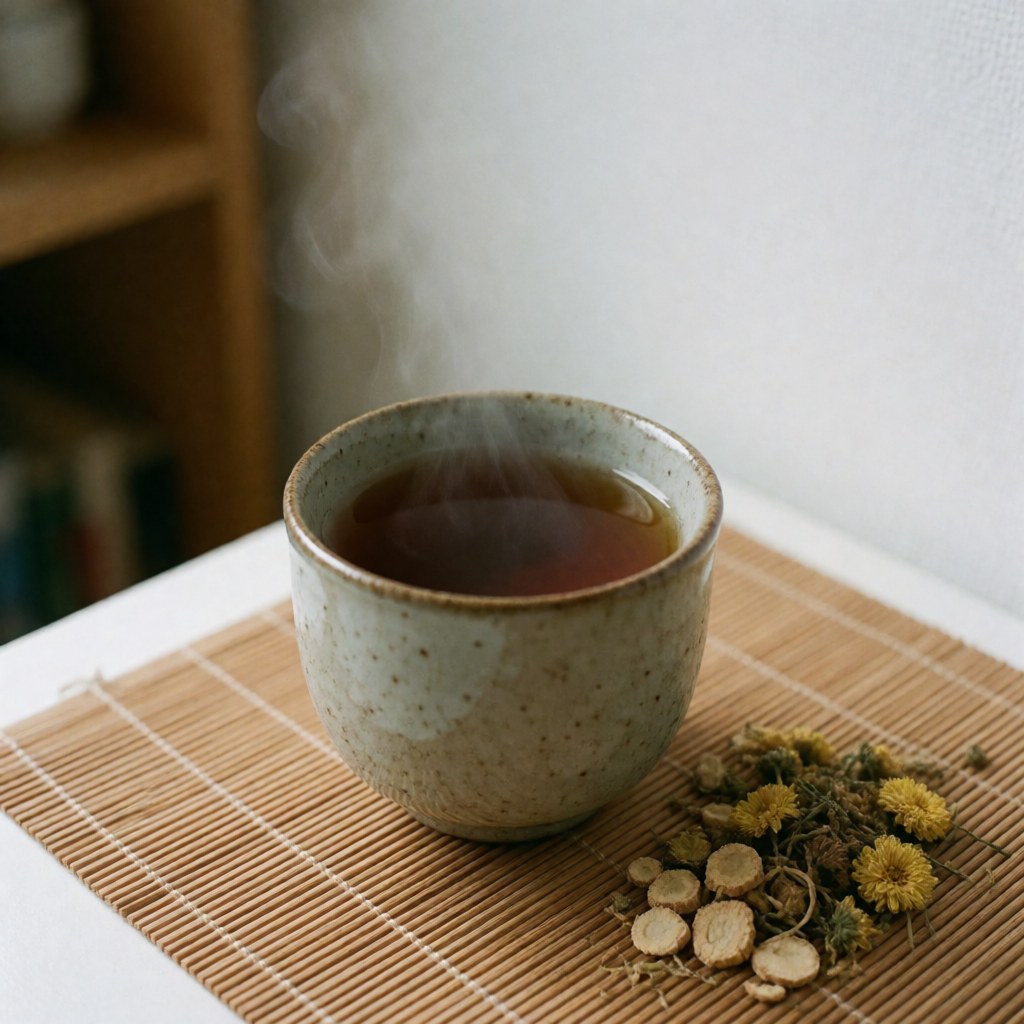 Ceramic cup of herbal tea with dried herbs on a bamboo mat, rising steam, blurred wooden background, natural and relaxing atmosphere
