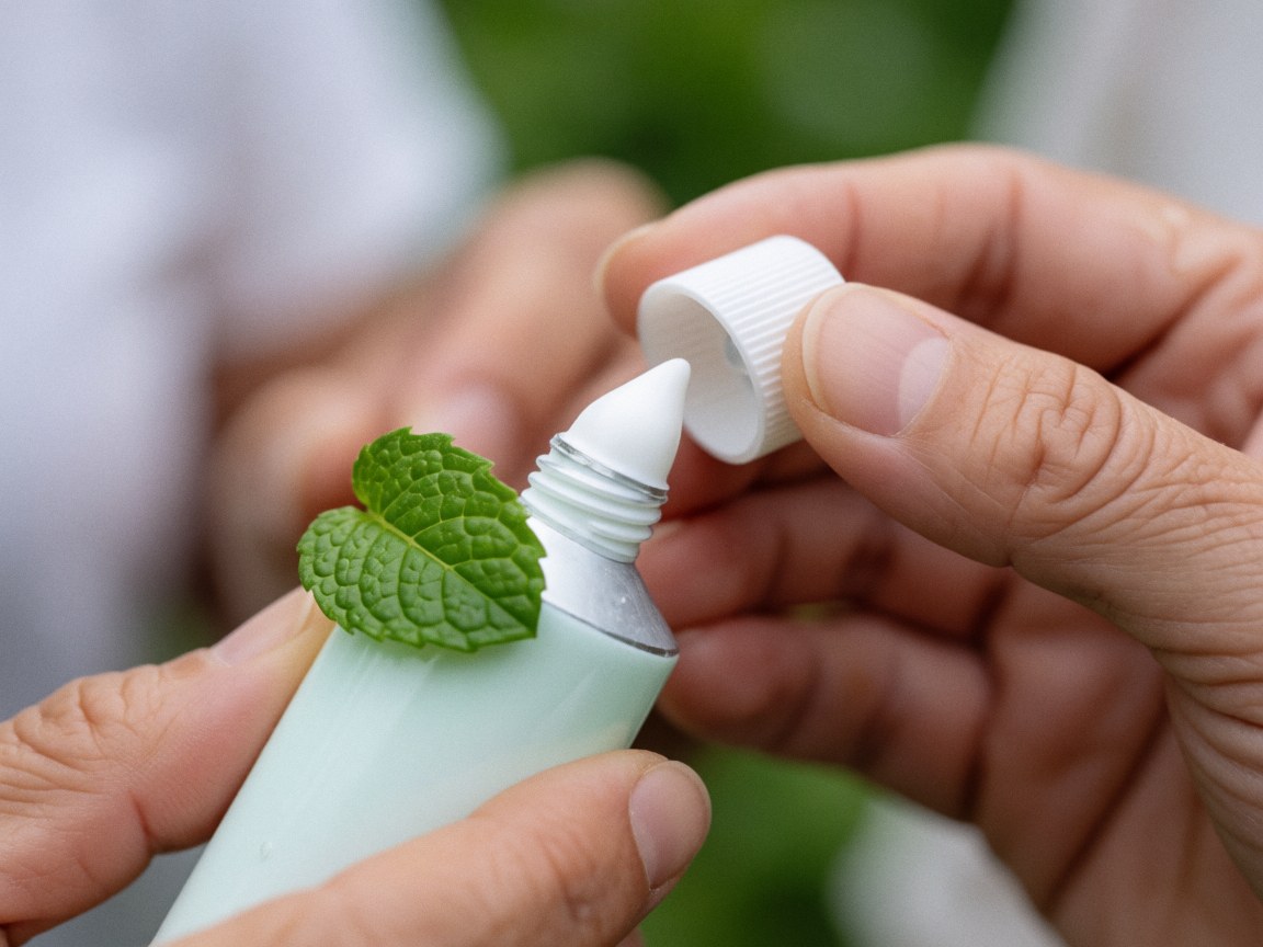 Close-up view of smooth mint cream texture featuring a fresh green mint leaf for natural relief and acupuncture wellness