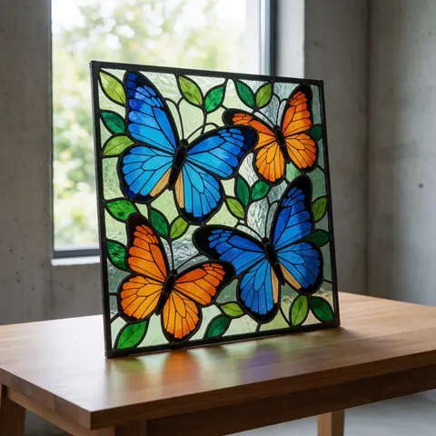 Decorative stained glass window featuring blue and orange butterflies resting on a wooden table against a concrete wall with natural light.