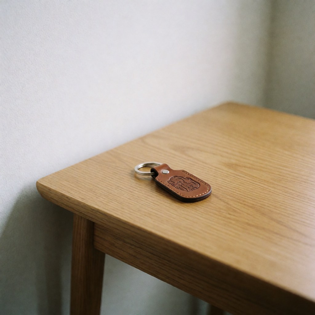 A close-up of a brown leather keychain with engraved text lying on a white background, showcasing the texture and craftsmanship of the finished product for catalog use.