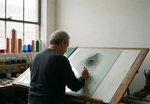 Artist sketching a peacock feather pattern on clear glass in a decorative glass workshop with tools nearby