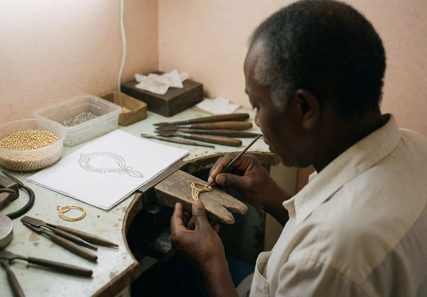 A jeweler reshaping gold during a repair service in a professional workshop setting