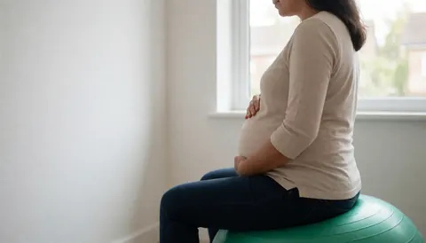 A pregnant woman sits on a green exercise ball near a window with natural light in a calm minimalist room.