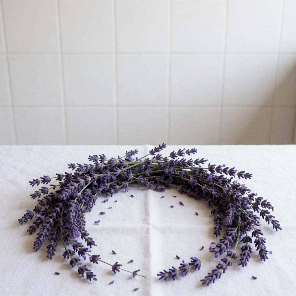 Dried lavender petals arranged in a circular pattern on a white cloth with scattered petals, ideal for aromatherapy and natural product displays.