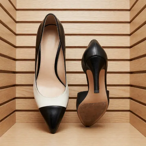 A before and after comparison showing black and white pointed-toe heels with wooden soles against a plain studio background