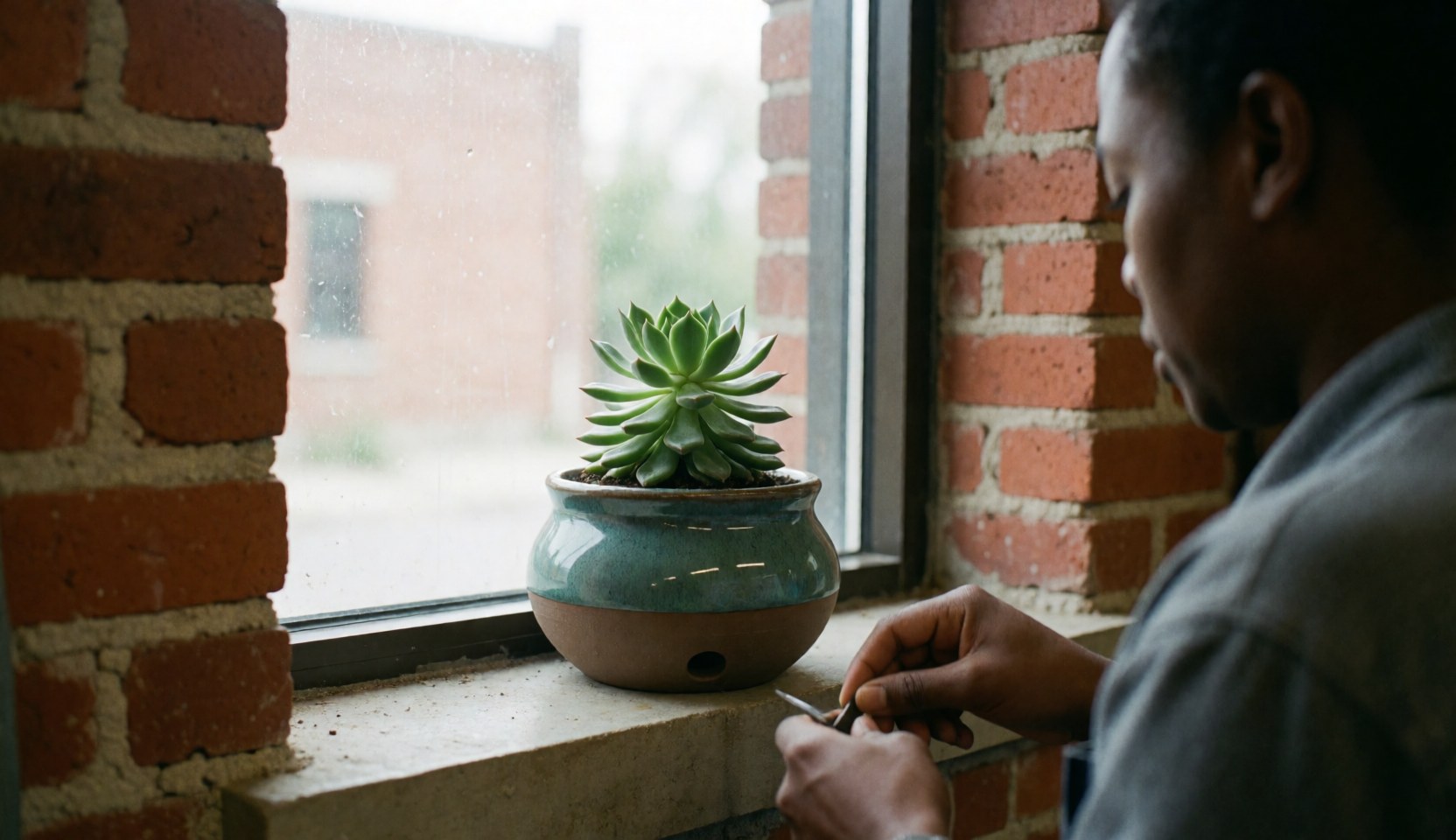 Artisan working with a handmade ceramic planter holding a succulent plant on a brick window sill in a calm natural setting