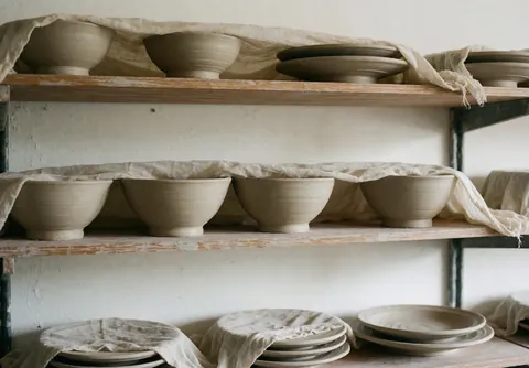Artisanal clay plates and cups drying on wooden racks covered with cloth in a bright white room with natural light
