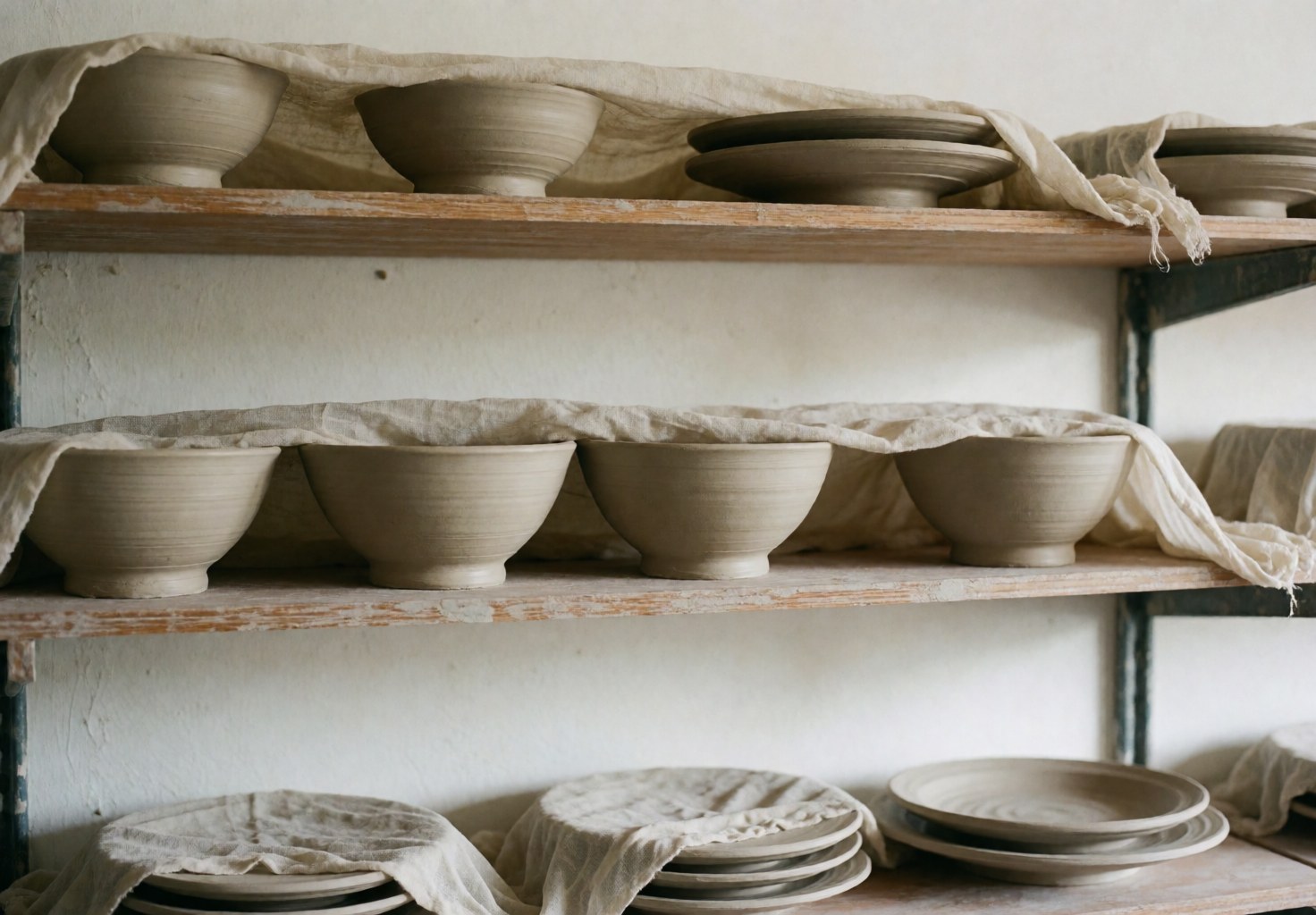 Artisanal clay plates and cups drying on wooden racks covered with cloth in a bright white room with natural light