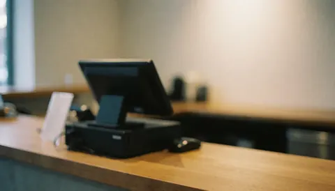 Soft focus background of a wooden reception counter with a cash register and screen, featuring warm lighting and ceramic items for text overlay