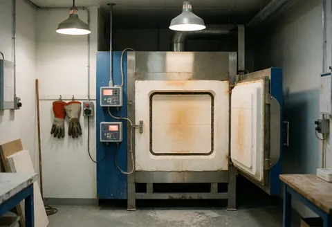 Clean industrial room containing large ceramic kilns used for firing pottery in a professional manufacturing setting