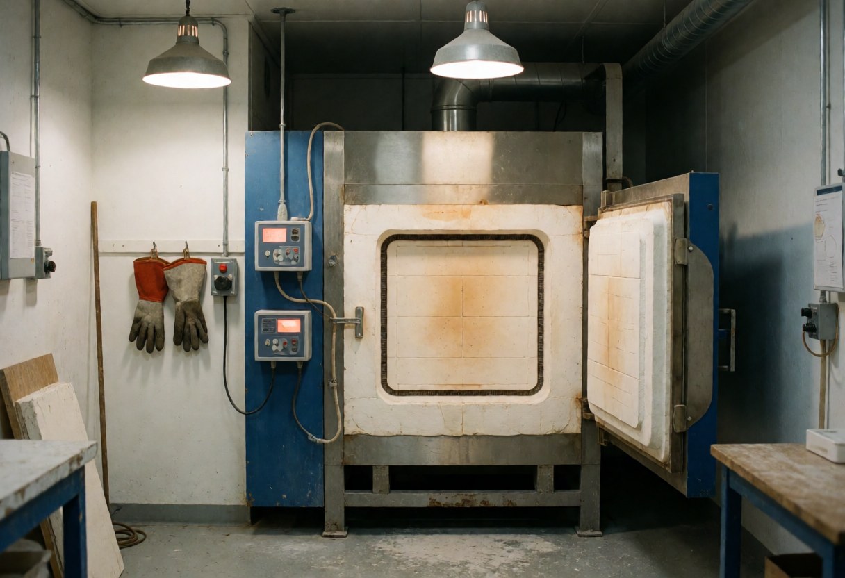 Clean industrial room containing large ceramic kilns used for firing pottery in a professional manufacturing setting