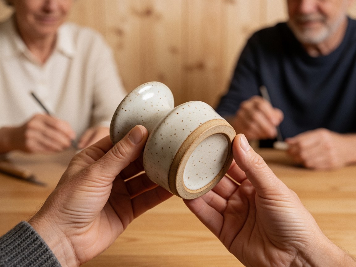 Hands holding a small handmade ceramic object with a thick base and visible texture, background showing two artisans working at a light wooden table