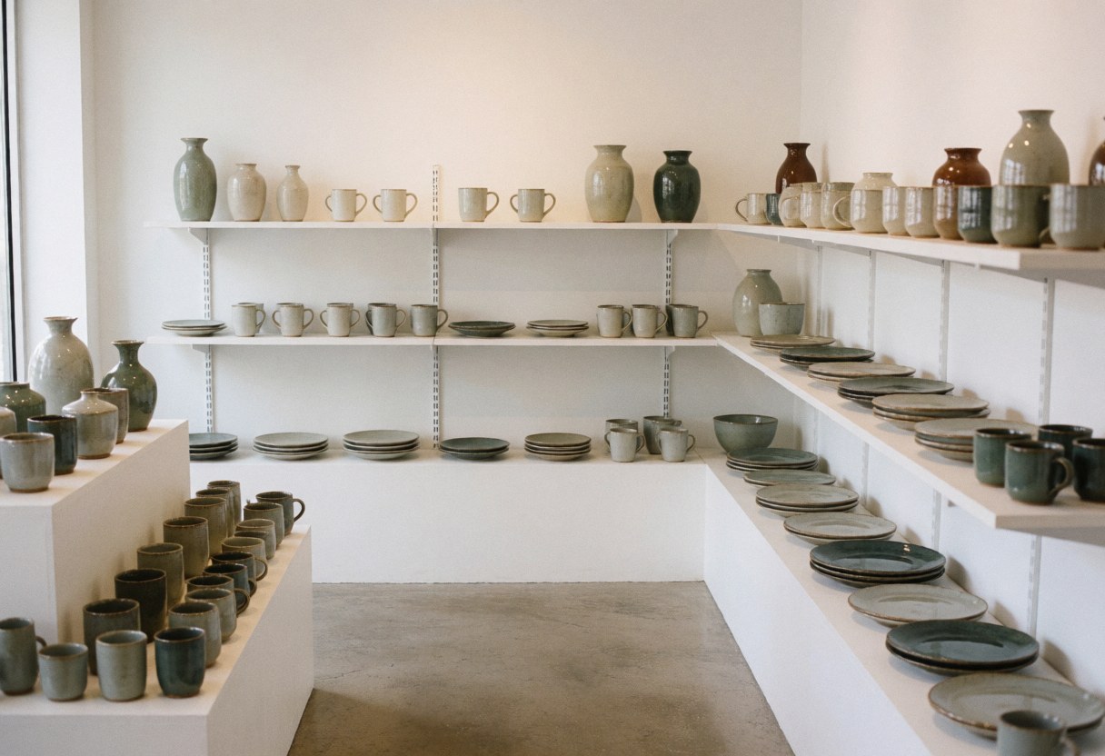 An empty ceramic showroom featuring minimalist decor, concrete floors, and natural lighting highlighting various pottery pieces on display shelves.