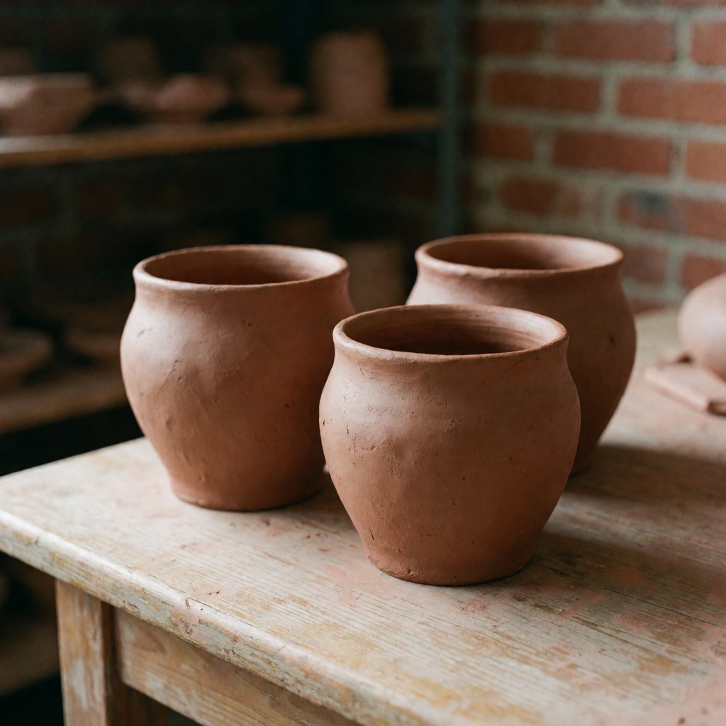Close-up of artisanal red clay cups placed on a weathered wooden surface with natural lighting and brick background