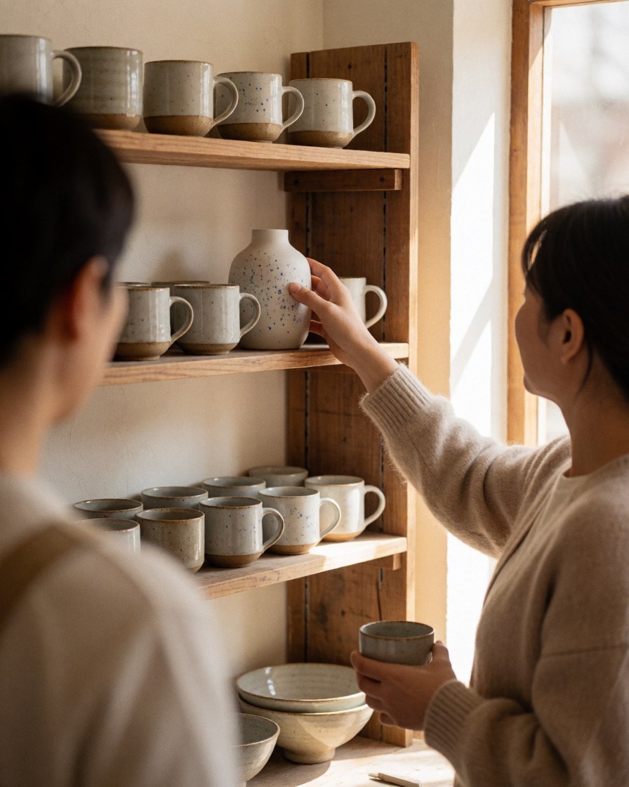 A woman in a beige sweater touches a white vase with blue spots on a wooden shelf filled with handmade ceramic cups and bowls in natural light.