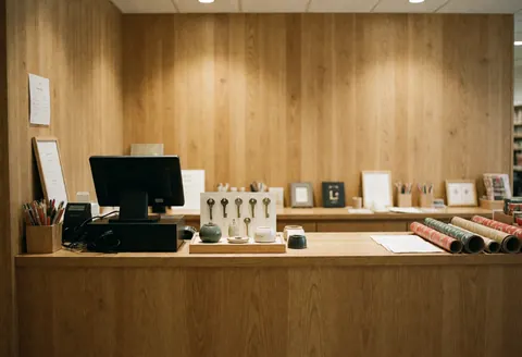 Artisanal ceramic sales box with gift paper on a wooden wall creating a warm and cozy atmosphere for customers