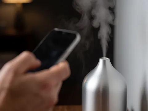 A close-up view of white mist rising from a modern aromatherapy diffuser, highlighting the relaxing steam and warm ambient lighting in a home setting.