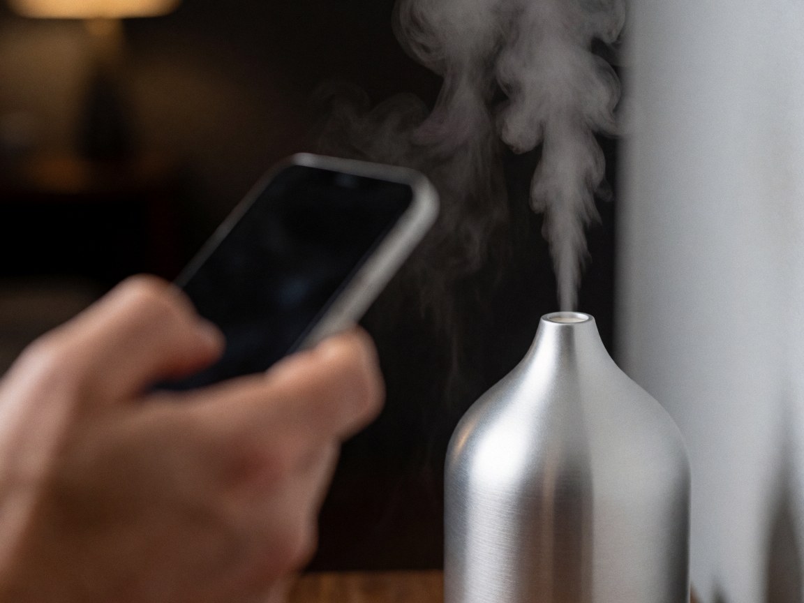 A close-up view of white mist rising from a modern aromatherapy diffuser, highlighting the relaxing steam and warm ambient lighting in a home setting.