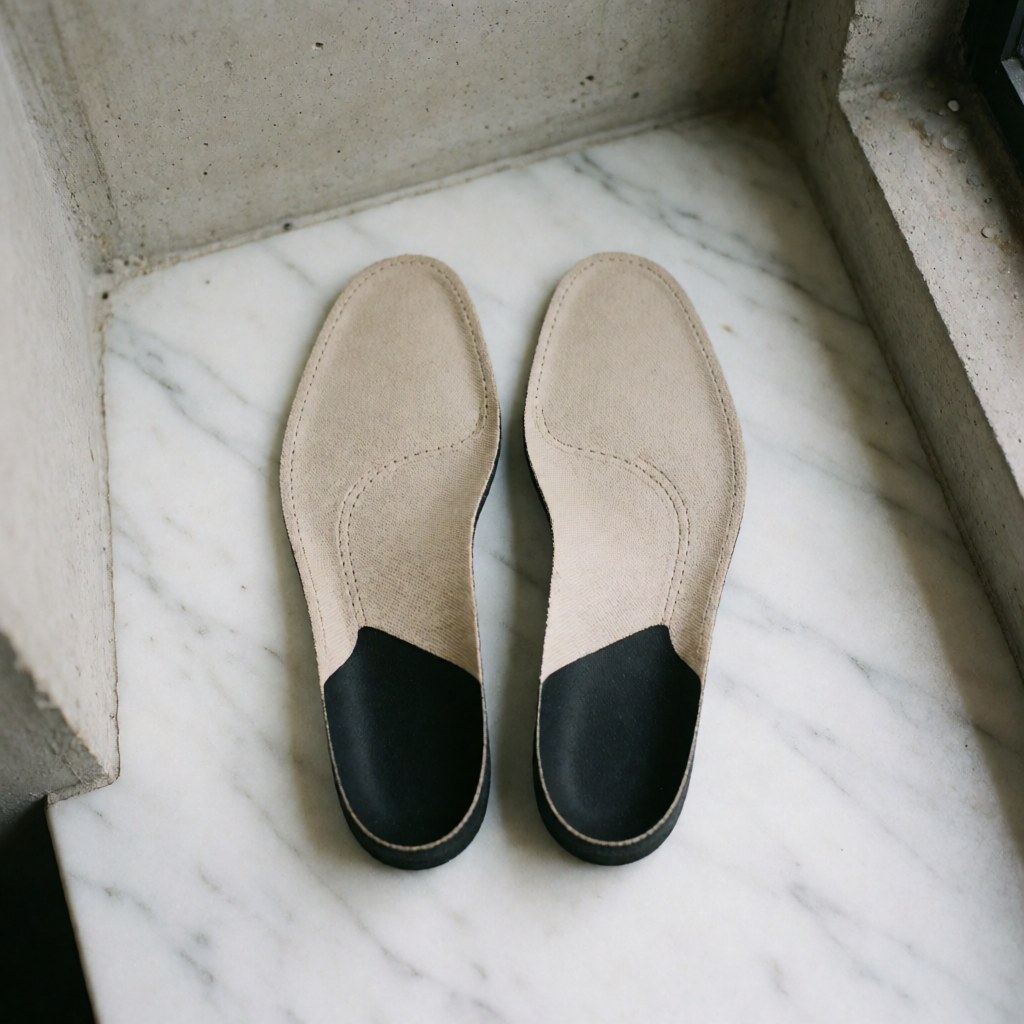 Close-up view of custom anatomical insoles placed on a white marble surface with natural diffuse lighting, highlighting ergonomic design for foot care and reflexology products.