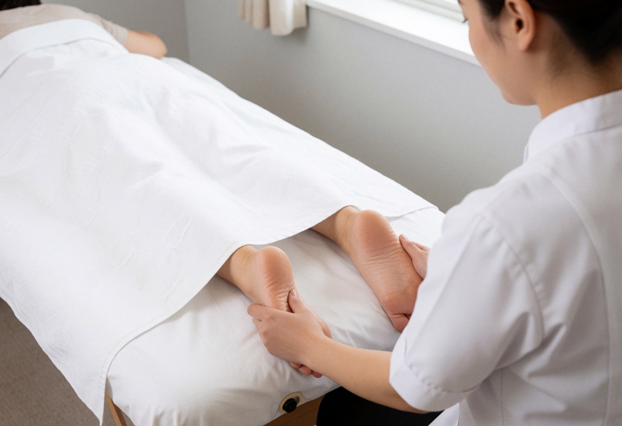Professional therapist applying reflexology massage to a client's foot on a white table in a bright, relaxing spa setting