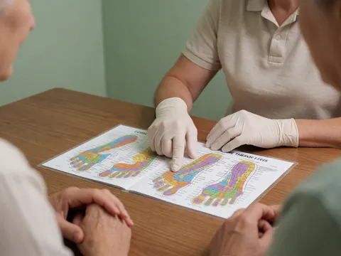 Professional hands in gloves indicating reflexology points on a chart placed on a wooden table against a green wall for educational purposes.