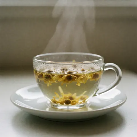 A white teacup filled with hot chamomile tea emitting steam, placed on a matching saucer, symbolizing relaxation and natural wellness for reflexology treatments