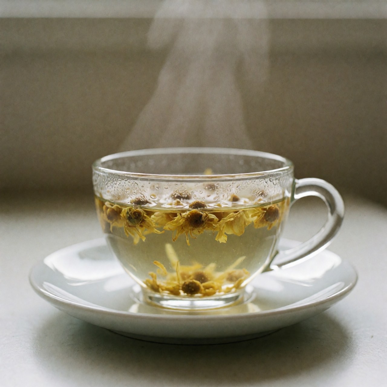 A white teacup filled with hot chamomile tea emitting steam, placed on a matching saucer, symbolizing relaxation and natural wellness for reflexology treatments