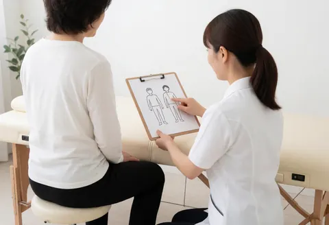 A therapist explains reflexology points to a seated client using a clipboard diagram in a clean professional setting.
