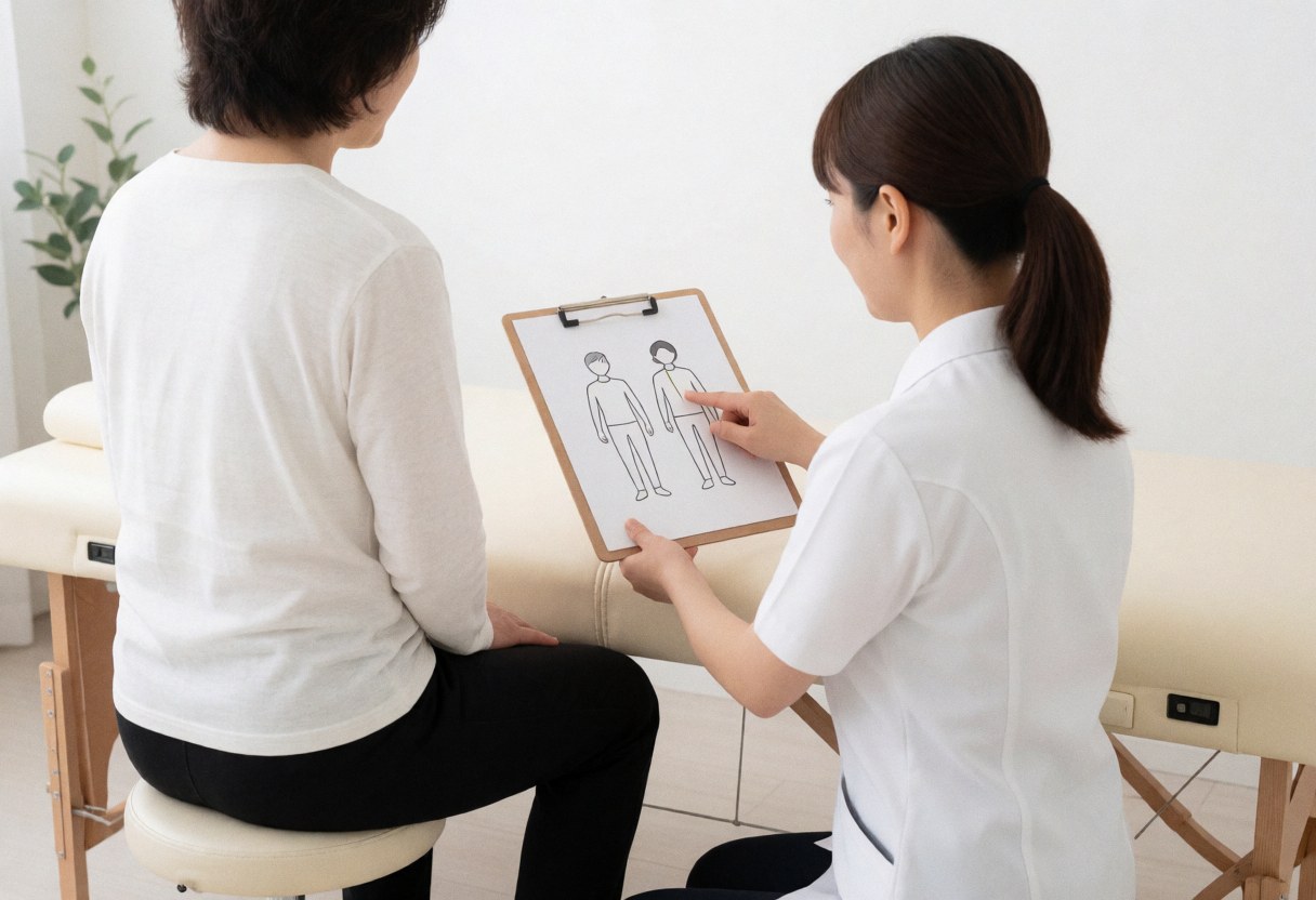 A therapist explains reflexology points to a seated client using a clipboard diagram in a clean professional setting.
