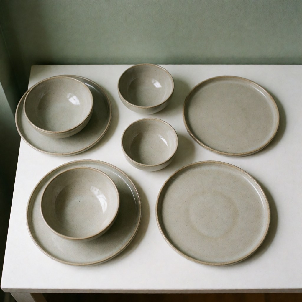 A minimalist ceramic dinnerware set in earth tones, featuring handmade plates and bowls with a natural, elegant finish suitable for modern dining.