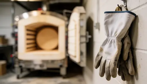 A blurred background featuring a ceramic kiln and hanging protective gloves in a workshop, suitable for text about the firing process.