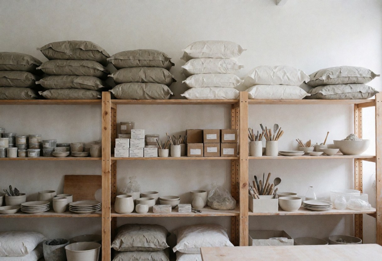 Clean and organized ceramic studio featuring wooden shelves, clay sacks, tools, and prepared pieces illuminated by natural light.